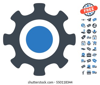 Cogwheel pictograph with free bonus graphic icons. Vector illustration style is flat iconic symbols, smooth blue colors, white background.