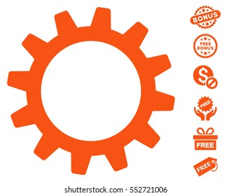 Cogwheel pictograph with free bonus graphic icons. Vector illustration style is flat iconic symbols, orange color, white background.