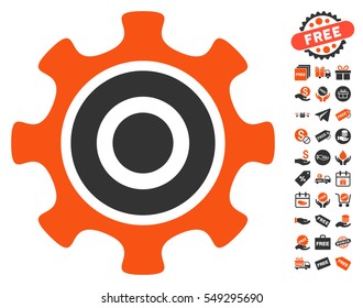 Cogwheel pictograph with free bonus images. Vector illustration style is flat iconic symbols, orange and gray colors, white background.