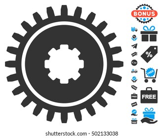 Cogwheel pictograph with free bonus pictures. Vector illustration style is flat iconic symbols, blue and gray colors, white background.