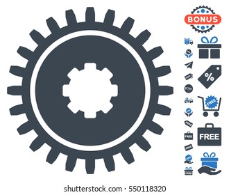 Cogwheel pictograph with free bonus pictures. Vector illustration style is flat iconic symbols, smooth blue colors, white background.