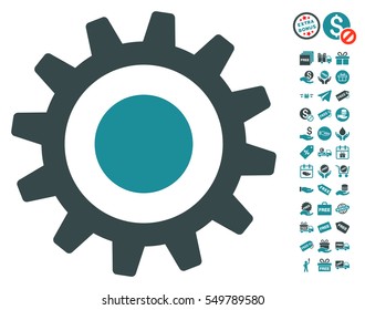 Cogwheel pictograph with free bonus symbols. Vector illustration style is flat iconic symbols, soft blue colors, white background.