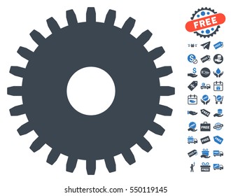 Cogwheel pictograph with free bonus symbols. Vector illustration style is flat iconic symbols, smooth blue colors, white background.