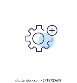 Rueda dentada y más. Característica agregada, configuración habilitada y expansión del proceso. Icono de Vector de trazo perfecto y editable