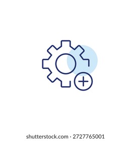 Rueda dentada y más. Característica agregada, configuración habilitada y expansión del proceso. Administración e ingeniería. Icono de Vector de trazo perfecto y editable