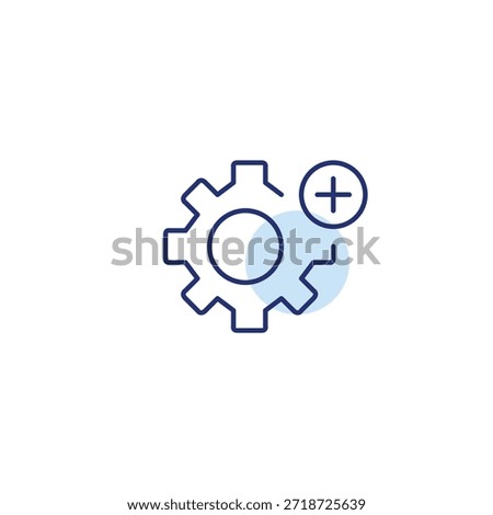 Cogwheel and plus. Feature added, setting enabled and process expansion. Pixel perfect, editable stroke vector icon
