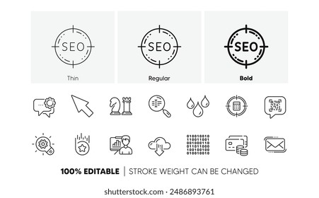 Cogwheel, Presentation board and Calculator target line icons. Pack of Cloud download, Messenger mail, Employees messenger icon. Search text, Seo, Qr code pictogram. Binary code. Line icons. Vector
