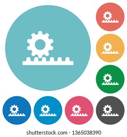 Cogwheel with rack pinion flat white icons on round color backgrounds