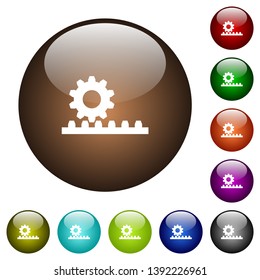 Cogwheel with rack pinion white icons on round color glass buttons