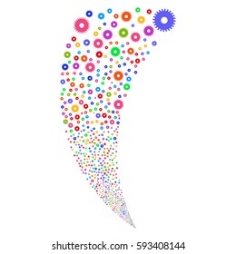 Cogwheel random fireworks stream. Vector illustration style is flat bright multicolored iconic symbols on a white background. Object fountain constructed from scattered icons.