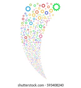 Cogwheel random fireworks stream. Vector illustration style is flat bright multicolored iconic symbols on a white background. Object fountain made from scattered design elements.