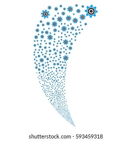 Cogwheel random fireworks stream. Vector illustration style is flat blue and gray iconic symbols on a white background. Object fountain made from scattered design elements.