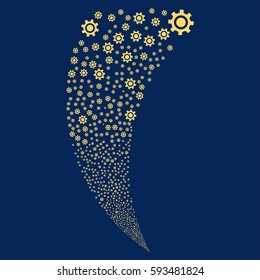 Cogwheel random fireworks stream. Vector illustration style is flat yellow iconic symbols on a blue background. Object fountain combined from scattered icons.