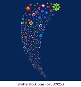 Cogwheel random fireworks stream. Vector illustration style is flat bright multicolored iconic symbols on a blue background. Object fountain constructed from scattered design elements.