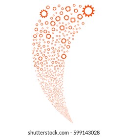 Cogwheel random fireworks stream. Vector illustration style is flat orange iconic symbols on a white background. Object fountain organized from scattered design elements.