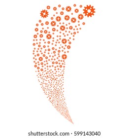 Cogwheel random fireworks stream. Vector illustration style is flat orange iconic symbols on a white background. Object fountain organized from scattered pictographs.
