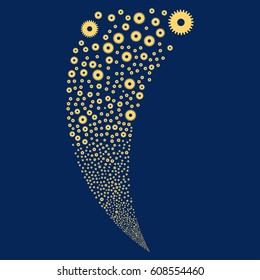 Cogwheel random fireworks stream. Vector illustration style is flat yellow iconic symbols on a blue background. Object fountain done from scattered pictographs.