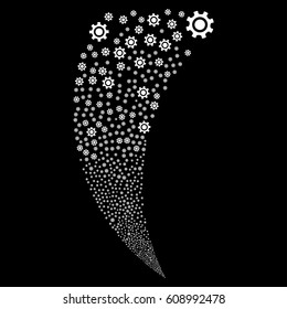 Cogwheel random fireworks stream. Vector illustration style is flat white iconic symbols on a black background. Object fountain organized from scattered design elements.