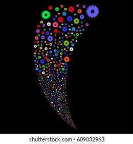 Cogwheel random fireworks stream. Vector illustration style is flat bright multicolored iconic symbols on a black background. Object fountain constructed from scattered symbols.
