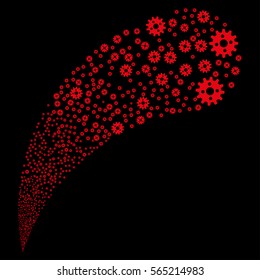 Cogwheel random source stream. Vector illustration style is flat red iconic symbols on a black background. Object fountain done from icons.