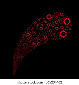 Cogwheel random source stream. Vector illustration style is flat red iconic symbols on a black background. Object fountain organized from design elements.