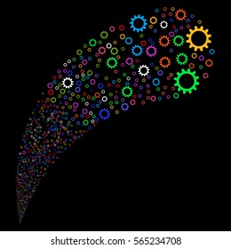 Cogwheel random source stream. Vector illustration style is flat bright multicolored iconic symbols on a black background. Object fountain combined from icons.