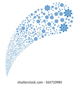 Cogwheel random source stream. Vector illustration style is flat cobalt iconic symbols on a white background. Object fountain made from design elements.