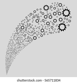 Cogwheel random source stream. Vector illustration style is flat black iconic symbols on a light gray background. Object fountain constructed from icons.