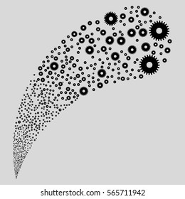 Cogwheel random source stream. Vector illustration style is flat black iconic symbols on a light gray background. Object fountain made from pictograms.