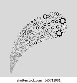 Cogwheel random source stream. Vector illustration style is flat black iconic symbols on a light gray background. Object fountain combined from icons.