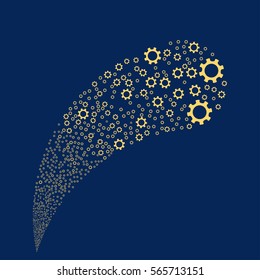 Cogwheel random source stream. Vector illustration style is flat yellow iconic symbols on a blue background. Object fountain organized from symbols.