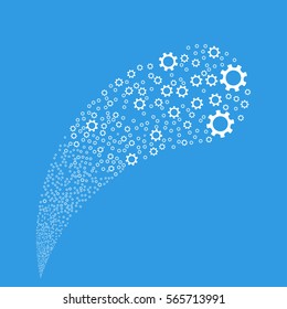 Cogwheel random source stream. Vector illustration style is flat white iconic symbols on a blue background. Object fountain organized from icons.