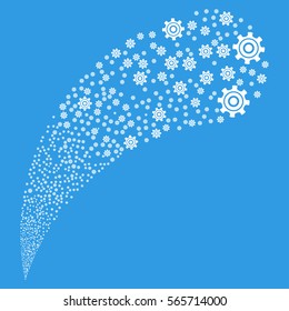 Cogwheel random source stream. Vector illustration style is flat white iconic symbols on a blue background. Object fountain created from icons.