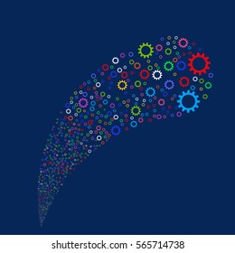 Cogwheel random source stream. Vector illustration style is flat bright multicolored iconic symbols on a blue background. Object fountain combined from design elements.