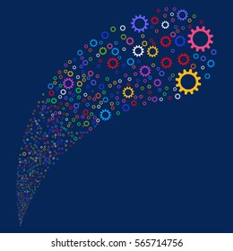 Cogwheel random source stream. Vector illustration style is flat bright multicolored iconic symbols on a blue background. Object fountain organized from pictographs.