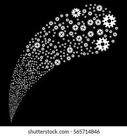 Cogwheel random source stream. Vector illustration style is flat white iconic symbols on a black background. Object fountain combined from symbols.
