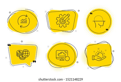 Cogwheel, Recovery cloud and Sunny weather signs. Chat bubbles. Face scanning, Update data and World money line icons set. Faces detection, Sales statistics, Global markets. Edit settings. Vector
