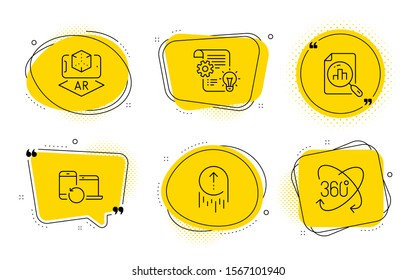 Cogwheel, Recovery devices and Full rotation signs. Chat bubbles. Augmented reality, Swipe up and Analytics graph line icons set. Phone simulation, Scrolling page, Chart report. Idea bulb. Vector