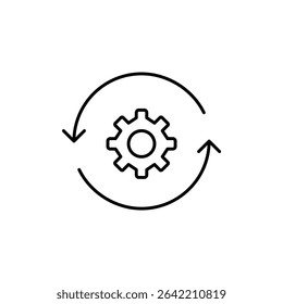 Cogwheel in refresh arrows. System update, auto-sync settings, background processing, automated maintenance, software refresh configuration. Pixel perfect, editable stroke vector icon