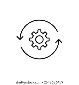 Cogwheel in refresh arrows. System update, automated maintenance, background processing, configuration sync, settings refresh. Pixel perfect, editable stroke vector icon