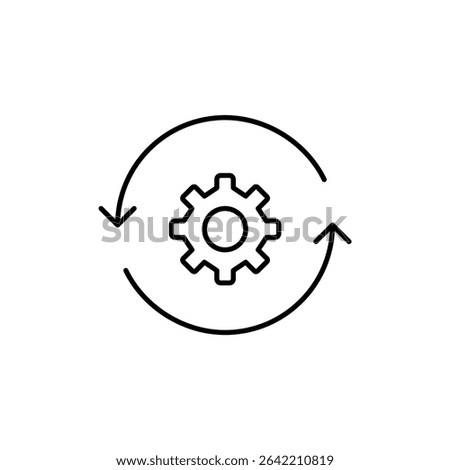 Cogwheel in refresh arrows. System update, auto-sync settings, background processing, automated maintenance, software refresh configuration. Pixel perfect, editable stroke vector icon