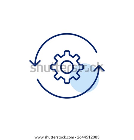 Cogwheel in refresh arrows. System update, auto-sync settings, background processing, automated maintenance, software refresh configuration. Pixel perfect, editable stroke vector icon