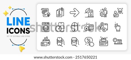 Cogwheel, Reject access and Laundry line icons set for app include Card, Next, Shop app outline thin icon. 5g internet, Online test, Petrol station pictogram icon. Timer app. Vector