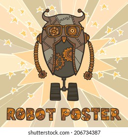 Cogwheel retro robot hipster with glasses on stars background design poster vector illustration