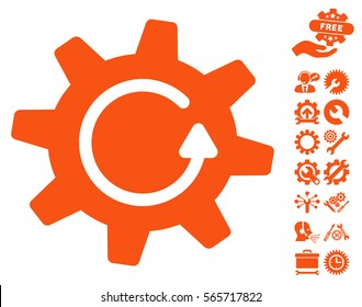 Cogwheel Rotation Direction icon with bonus configuration pictograms. Vector illustration style is flat iconic orange symbols on white background.