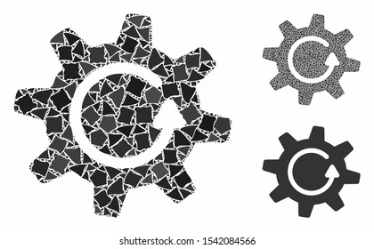 Cogwheel rotation direction mosaic of rough pieces in various sizes and shades, based on cogwheel rotation direction icon. Vector raggy pieces are composed into mosaic.