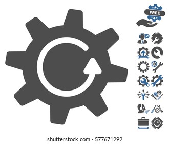 Cogwheel Rotation Direction pictograph with bonus options symbols. Vector illustration style is flat iconic cobalt and gray symbols on white background.