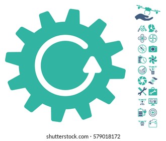 Cogwheel Rotation icon with bonus quad copter service pictures. Vector illustration style is flat iconic cobalt and cyan symbols on white background.