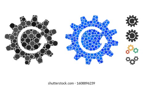 Cogwheel rotation mosaic of round dots in different sizes and color tones, based on cogwheel rotation icon. Vector round elements are organized into blue mosaic.