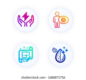 Los iconos del plan CogWheel, Energía segura y Arquitecto conjunto simple. Botón con puntos de tono medio. Señal de agua sucia. Herramienta de ingeniería, Thunderbolt, plan de ingeniería. La gota de agua. Conjunto de ciencias. Vector